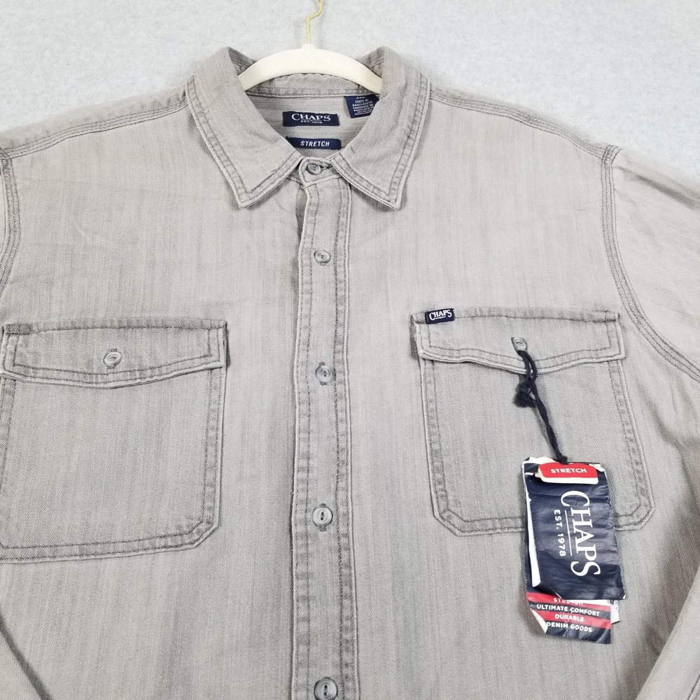 NEW Chaps Button Up Shirt Mens XXL 2XL Gray Stretch Denim Long Sleeves Casual - Picture 2 of 11